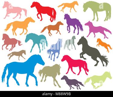Vector isolated colorful standing, trotting and galloping horses (Norwegian fjord pony) silhouettes on white background Stock Vector