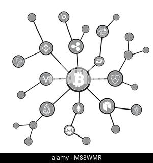 Blockchain blocks with cryptocurrency symbols. Bitcoin digital currency, money virtual cryptography illustration. Stock Vector