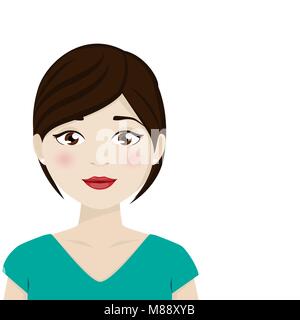 Dark hair woman with green shirt on a white background. Vector illustration Stock Vector