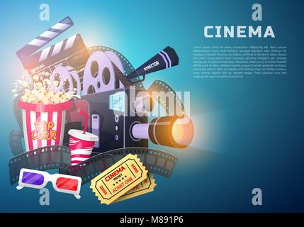 Movie elements set. Vintage cinema, entertainment and recreation with popcorn. Retro poster background. Clapperboard and camera, Filmmaking and video cassette, chair, film stock for Hollywood studio. Stock Vector
