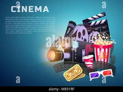 Movie elements set. Vintage cinema, entertainment and recreation with popcorn. Retro poster background. Clapperboard and camera, Filmmaking and video cassette, chair, film stock for Hollywood studio. Stock Vector