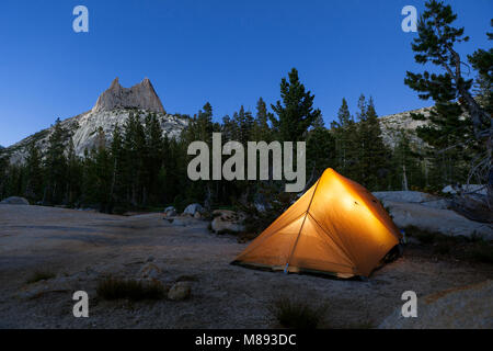 CA02867-00...CALIFORNIA - Campsite in Yosemite National Park at Cathedral Lakes with Cathedral Peak in the background. Stock Photo