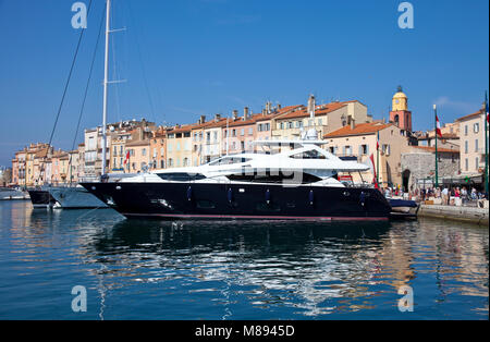 Luxury yacht at harbour of Saint-Tropez, french riviera, South France, Cote d'Azur, France, Europe Stock Photo