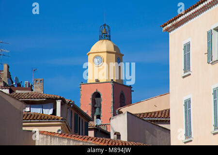 Bell tower of church Notre-Dame de l'Assomption de Saint-Tropez, landmark of Saint-Tropez, french riviera, South France, Cote d'Azur, France, Europe Stock Photo