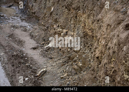 Side of the broken asphalt road collapsed and fallen, since the ground Stock Photo