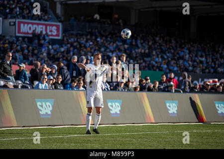 LA Galaxy's Rolf Feltscher (25) throws the ball in during the first half of their 2-1 defeat to NYCFC. Stock Photo