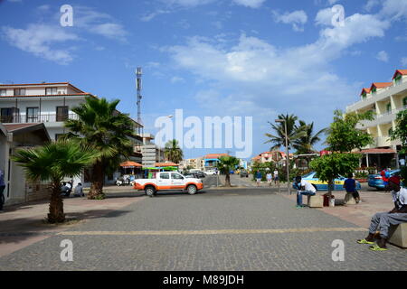 Street in the center of Santa Maria town, on Sal Island, in Cape Verde (Africa). Cape Verde is a former Portuguese colony in the Atlantic Ocean. Stock Photo