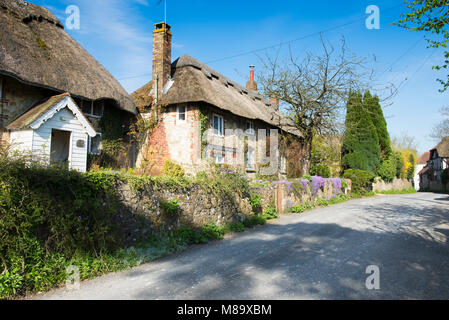 Traditional thatched flint cottages in the village of Amberley in West Sussex, England, UK Stock Photo