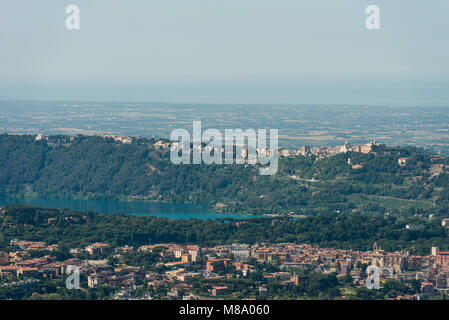 Aerial image of with the caldera named Lago Albano (Lake Albano) in front Stock Photo