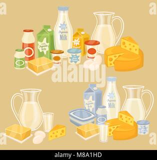 Dairy products on wooden table, milk, vector icon Stock Vector