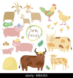Cute farm animals set on white background Stock Vector