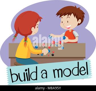 Wordcard for build a model with two students building models illustration Stock Vector