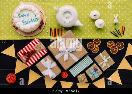 present boxes and birthday cake  Stock Photo