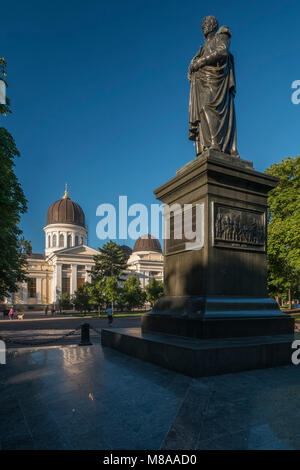 Monument to Mikhail Vorontsov with Spaso-Preobrazhensky Cathedral behind. In Odessa Ukraine Stock Photo