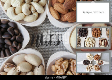 Collage nuts. Abstract view of a wood spoon with mixed nuts on a background of natural fabrics. Opportunity to write your text. Stock Photo