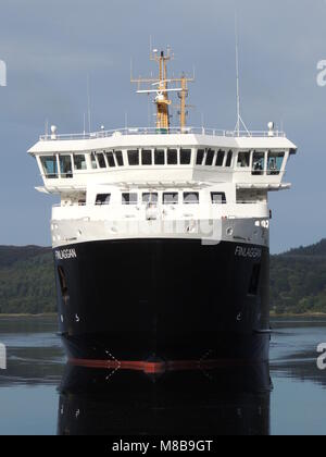 Caledonian MacBrayne's MV Finlaggan arriving at the Kennacraig Ferry Terminal on the Kintyre Peninsula in Argyll & Bute. Stock Photo