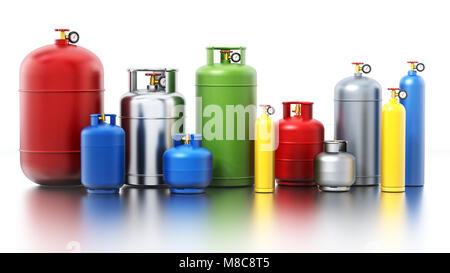 Multi-colored gas cylinders isolated on white background. 3D illustration. Stock Photo