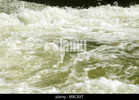 Beautiful powerful rapid steam of the mountain river flows between pebbles rocks. Stock Photo