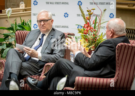 U.S. Department of Agriculture ) Secretary Sonny Perdue sits down with The Wall Street Journal Editorial Page Editor and Vice President of Paul Gigot during a forum at the USDA headquarters in the Jamie L. Whitten Federal Building in Washington, D.C., March 7, 2018. The event, which features a question and answer session is a continuation of the Global Food Forum series and follows a similar event in which Secretary Perdue participated in October 2017.USDA Stock Photo