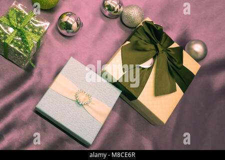 Christmas collection, gifts and decorative ornaments, on blue Stock Photo