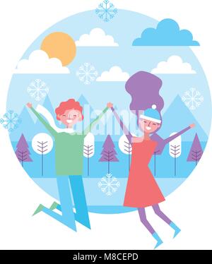 young couple jumping in the winter panorama vector illustration Stock Vector