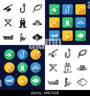 Fishing All in One Icons Black & White Color Flat Design Freehand Set Stock Vector