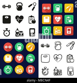 Fitness All in One Icons Black & White Color Flat Design Freehand Set Stock Vector
