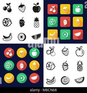 Fruit All in One Icons Black & White Color Flat Design Freehand Set Stock Vector