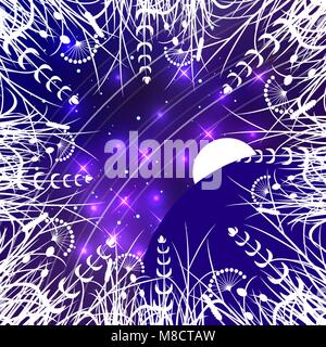 Night sky with sparkling stars, two planets and space rocket. Around the frame of wild white herbs growing toward the center. Purple night summer and  Stock Vector