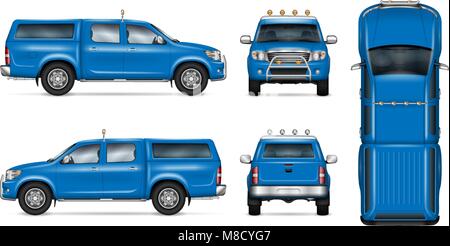 Pickup truck vector mock-up. Isolated template of blue car on white. Vehicle branding mockup. Side, front, back, top view. Easy to edit and recolor. Stock Vector