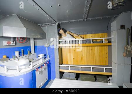 MAMERKI, POLAND - MAY 31: Replica of crew room of U-BOOT made in German bunker in Mamerki, Poland on May 31, 2015. Exhibition is situated in Headquart Stock Photo