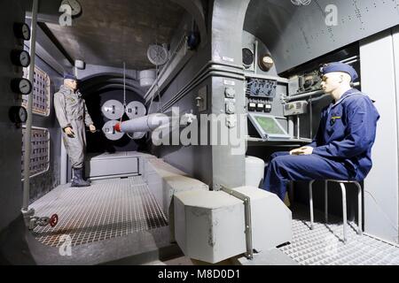 MAMERKI, POLAND - MAY 31: Replica of torpedo and sonar room of U-BOOT made in German bunker in Mamerki, Poland on May 31, 2015. Exhibition is situated Stock Photo