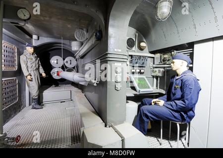 MAMERKI, POLAND - MAY 31: Replica of torpedo and sonar room of U-BOOT made in German bunker in Mamerki, Poland on May 31, 2015. Exhibition is situated Stock Photo