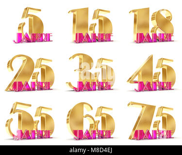 Set of Years celebration design. Anniversary golden number template elements for your birthday party. 3D illustration. Translated from the German - ye Stock Photo