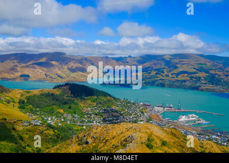 Beautiful view of Lyttelton Port and Harbour from the Christchurch Gondola Station  at the top of the Port Hills, Christchurch, Canterbury, New Zealan Stock Photo