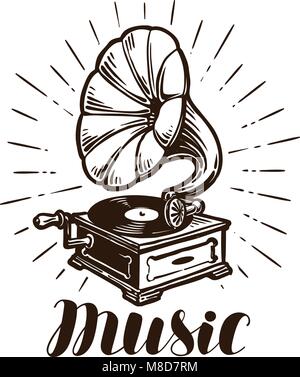 Retro gramophone. Music concept. Vintage sketch vector illustration Stock Vector