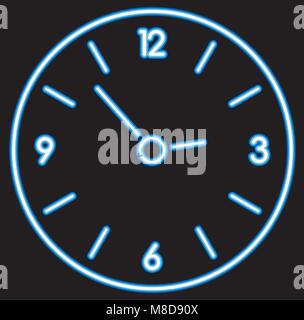 vector blue neon clock on black background. time concept. neon light Stock Vector