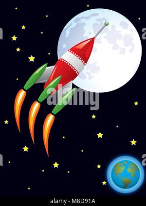 vector stylized retro rocket ship in space flying from earth to the moon Stock Vector