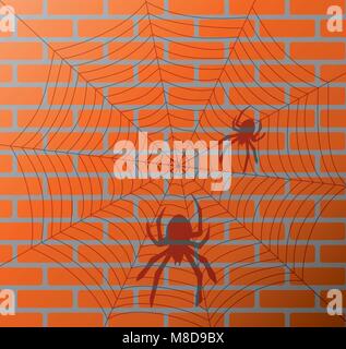 vector illustration of shadow of spiders and web on a brick wall Stock Vector