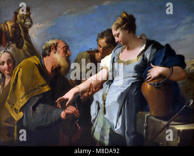 Eliezer et Rébecca by Giambattista Pittoni 1687-1787 Italy Italian ( Eliezer, a servant of Abraham, was given the task of finding a wife for his son Isaac, and the picture shows the moment when he meets Rebecca drawing water from a well for her father's herds to drink. ) Stock Photo