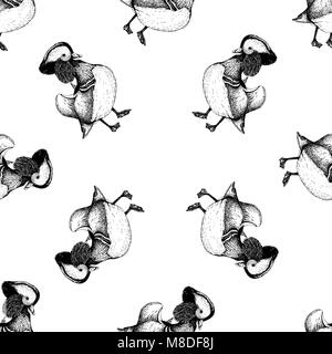 Seamless pattern of hand drawn sketch style Mandarin duck. Vector illustration isolated on white background. Stock Vector