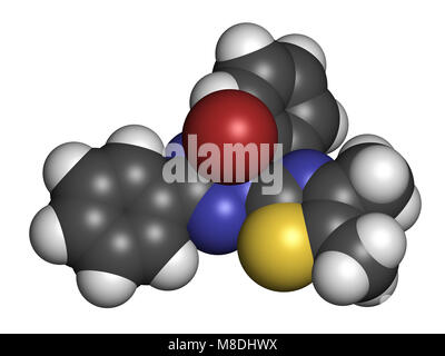 MTT yellow tetrazole dye molecule. Used in MTT assay, used to measure cytotoxicity and cell metabolic activity.  3D rendering. Atoms are represented a Stock Photo