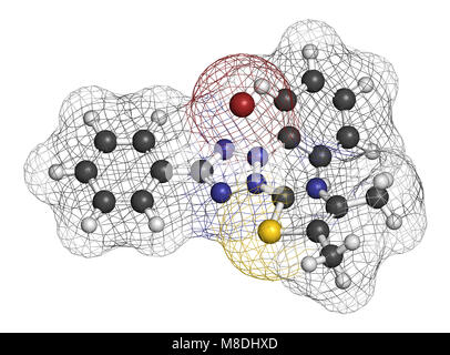 MTT yellow tetrazole dye molecule. Used in MTT assay, used to measure cytotoxicity and cell metabolic activity.  3D rendering. Atoms are represented a Stock Photo