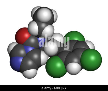 Prochloraz fungicide molecule. 3D rendering. Atoms are represented as spheres with conventional color coding: hydrogen (white), carbon (grey), oxygen  Stock Photo