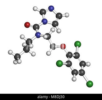 Prochloraz fungicide molecule. 3D rendering. Atoms are represented as spheres with conventional color coding: hydrogen (white), carbon (grey), oxygen  Stock Photo