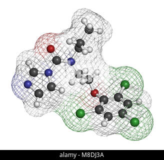 Prochloraz fungicide molecule. 3D rendering. Atoms are represented as spheres with conventional color coding: hydrogen (white), carbon (grey), oxygen  Stock Photo