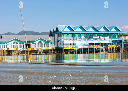 Traditional wooden house on stilts at Inle Lake, near Indein Village, Shan State, Myanmar (Burma), Asia in February Stock Photo