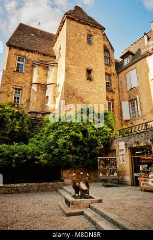 The Place du Marché des Oies in the medieval town of Sarlat la Caneda in the Perigord Noir region of the Dordogne France. Stock Photo