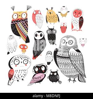 Vector cheerful collection of graphic owls on a white background. Characters for postcards, sites and posters. Stock Vector