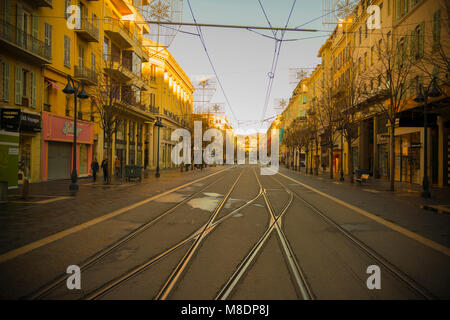 Main Street with Tram and Building in Nice City, Provence-Alpes-Côte d'Azur, France Stock Photo
